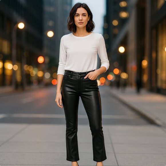 Mother Faux Leather Pants Size 24 Black Wax Coated Ankle Jeans Edgy Chic Y2K - Picture 1 of 11